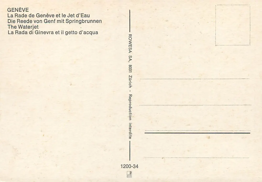 Genebra — A Baía e o Jato D'Água — ROWESA SA, 8031 Zurique - Verso