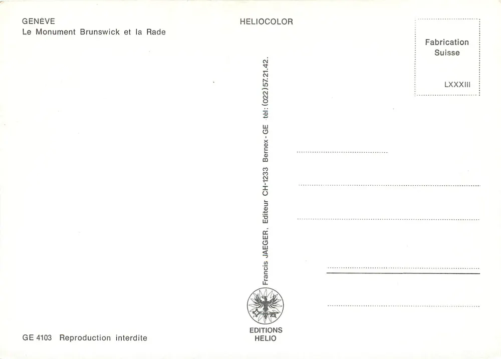 Genebra — O Monumento Brunswick e a Baía — Edições Helio - Verso