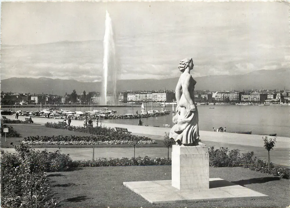 Genf. Quai Gustave Ador — Statue der Brise und der 120 m hohe Wasserstrahl — Éditions Jaeger - Vorderseite