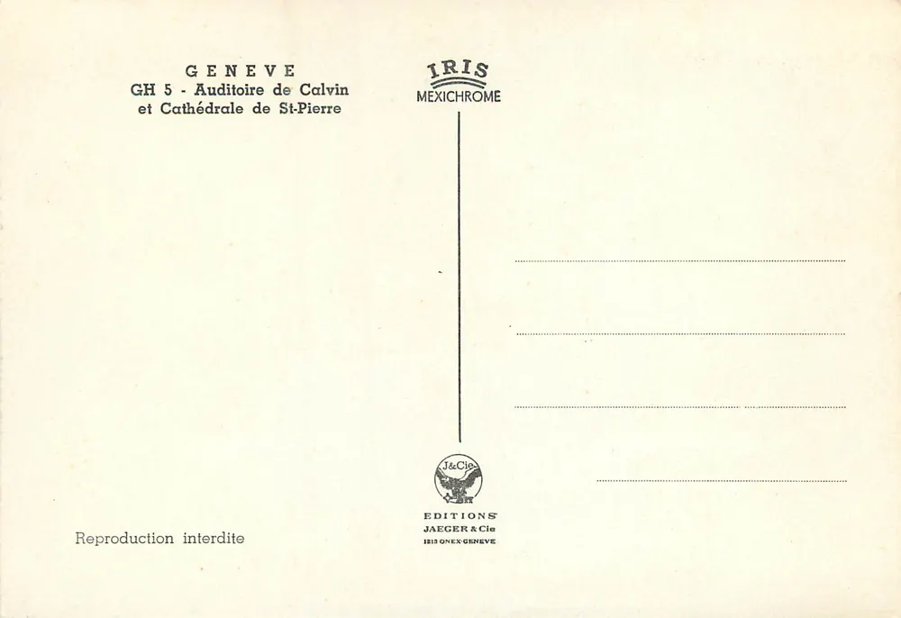 Geneve — Auditoire de Calvin et Cathédrale de St-Pierre — Éditions Jaeger & Cie - Verso
