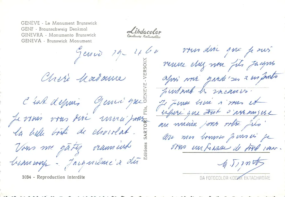 Genebra — O Monumento Brunswick — Edições Sartori-Versoix, n° 3034 - Verso