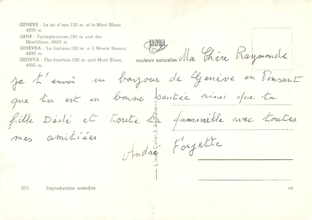 Genebra — O jato d'água e o Monte Branco — Lind Color, S.A. Geneve, n°3015 - Verso