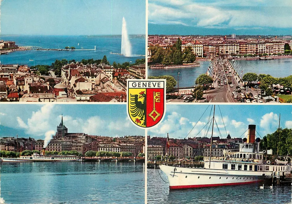 Genewa — widok panoramiczny z fontanną Jet, nabrzeżem, zamekiem i parowcem — wydawca Krieger, nr 947/12 - Awers