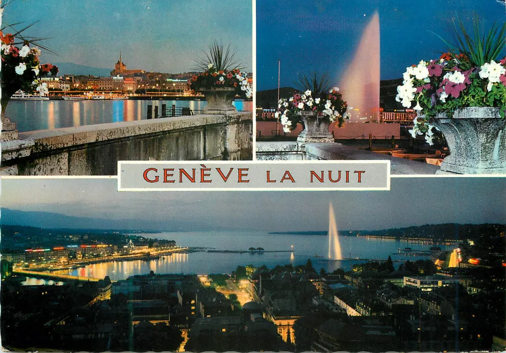 Genève la nuit — vue de la rade et du jet d'eau — Bovey & Cie, Éditeurs Genève - Recto