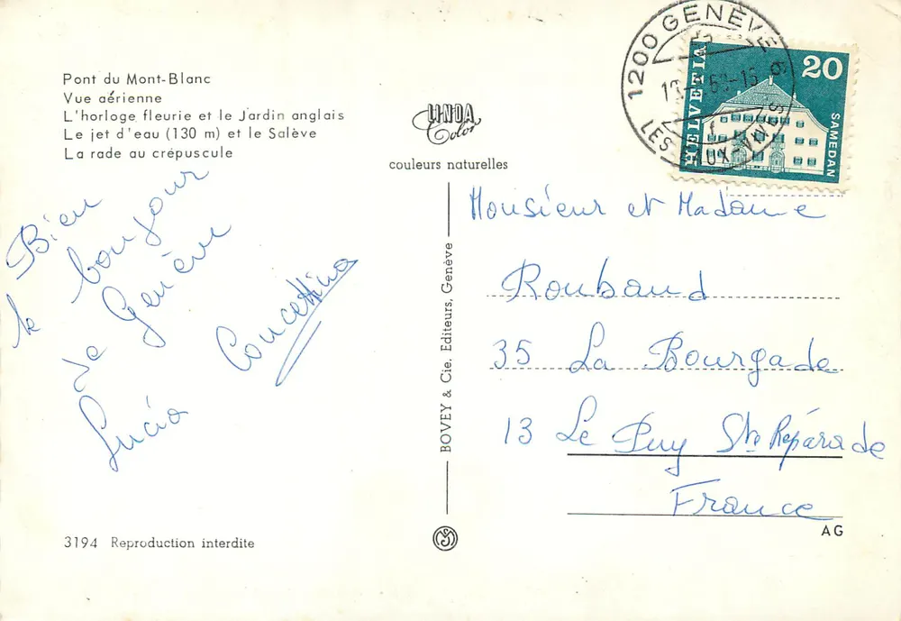 Genève — vue aérienne et panoramique — BOVEY & Cie, Éditeurs, Genève, n° 3194 - Verso