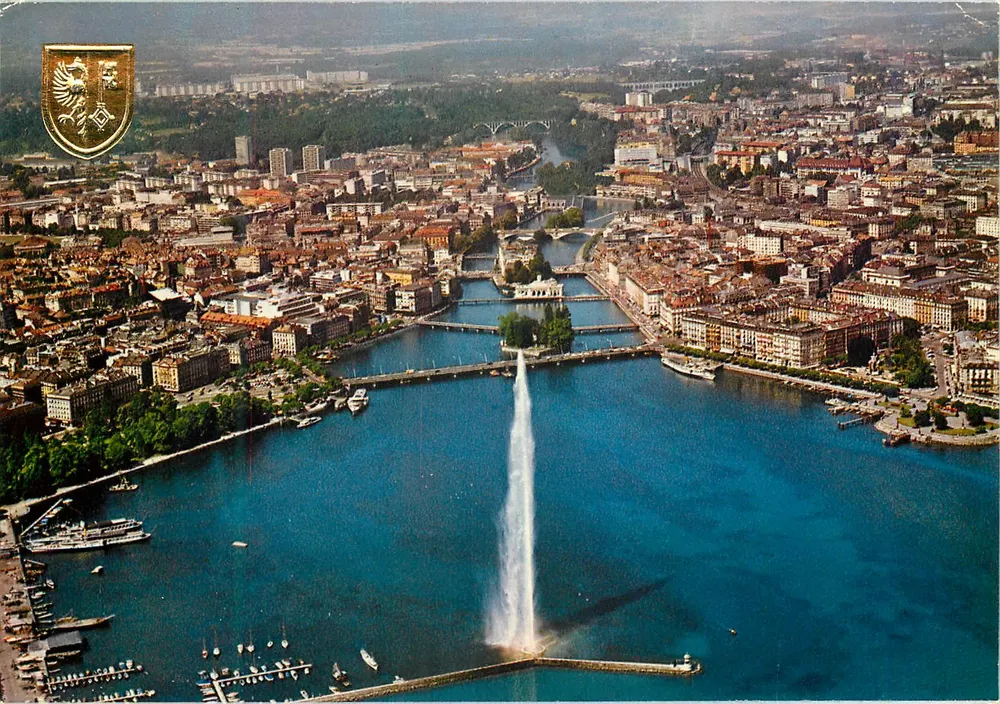 Genf — Luftbild des Jets d'Eau und Brücken über den Rhône — Éditions Jaeger & Cie - Vorderseite