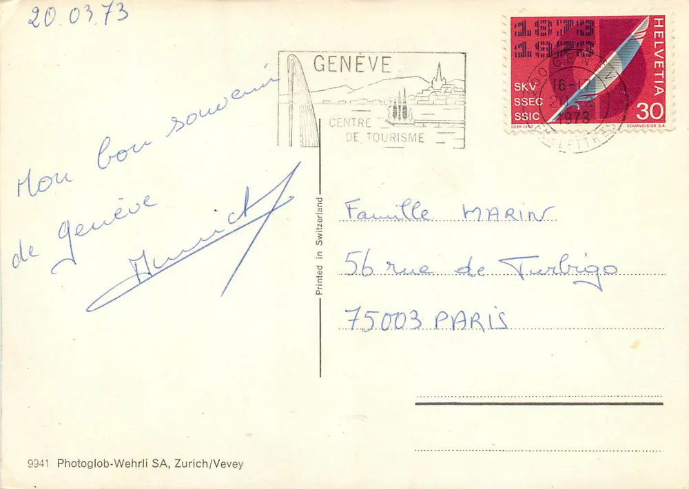 Geneve — vue de marché, quai, jet d'eau et hôtel — Souvenir de Geneve, éditeur Photoglob-Wehrli SA, Zurich/Vevey - Verso