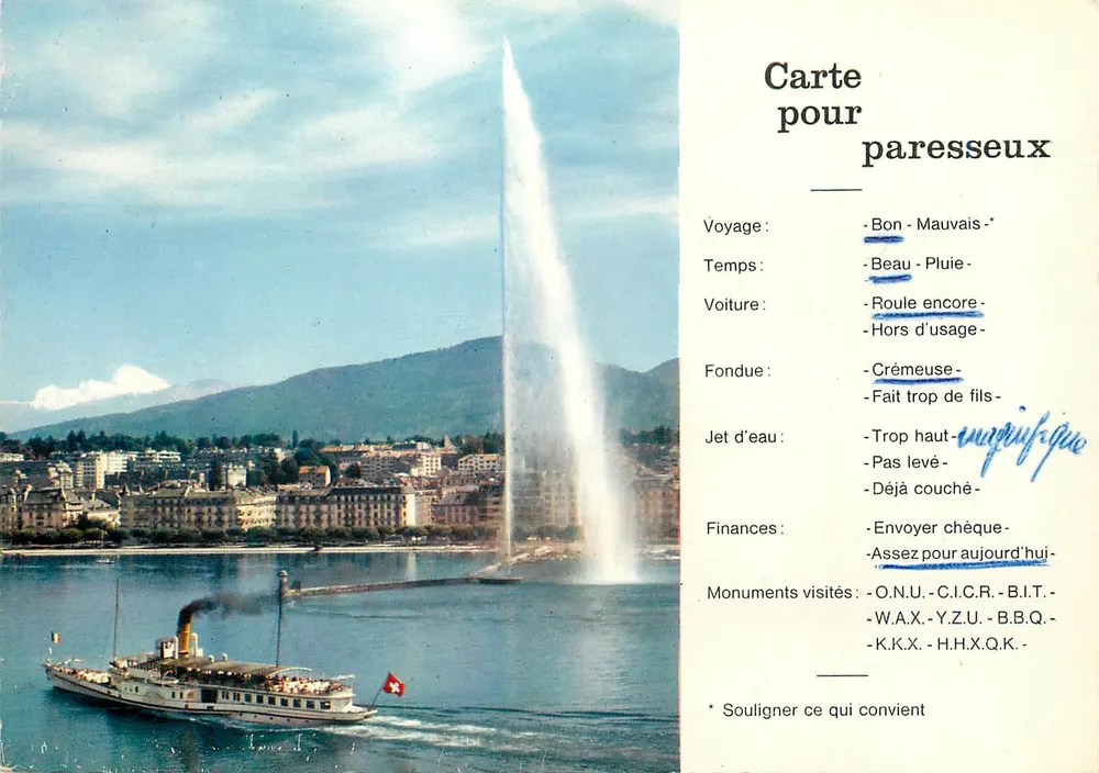 Genebra - Jato d'Água — Carte postale para preguiçosos, edição Jaeger - Frente