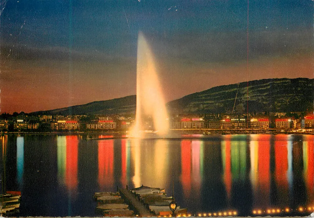 Genebra e o Jato de Água Iluminado (130 m) — Edições C. SARTORI, Genebra — n° 3080 - Frente