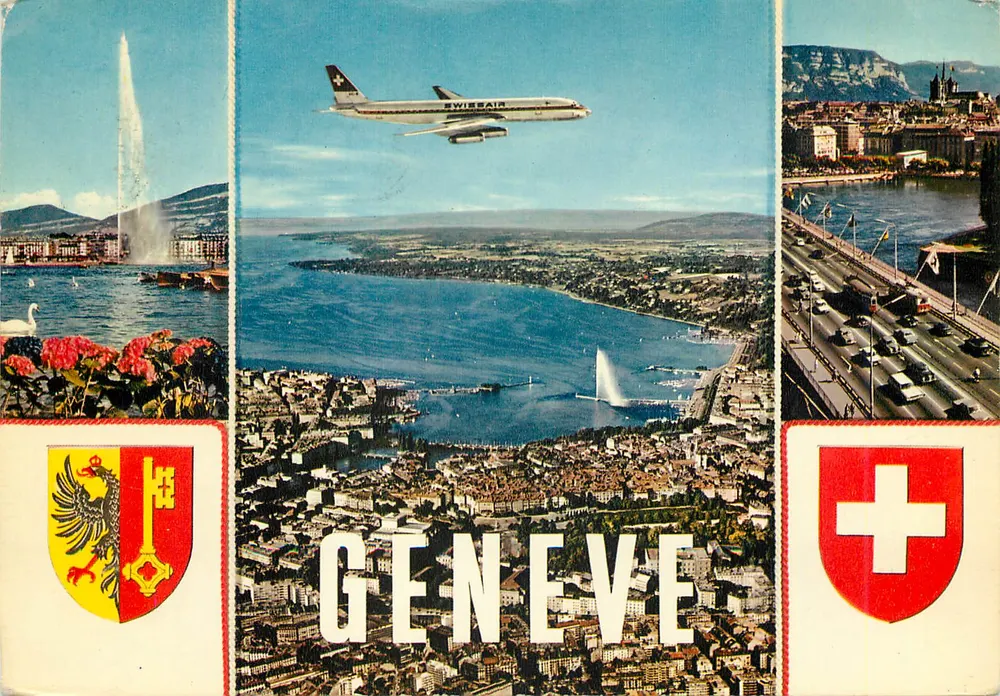 Genebra — vista aérea com avião Swissair — editor Jaeger & Cie, n°1238 - Frente