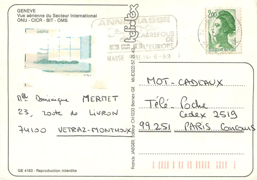 Geneve - Vue aérienne du Secteur International ONU - CICR - BIT - OMS — Francis JAEGER, n° GE 4163 - Verso