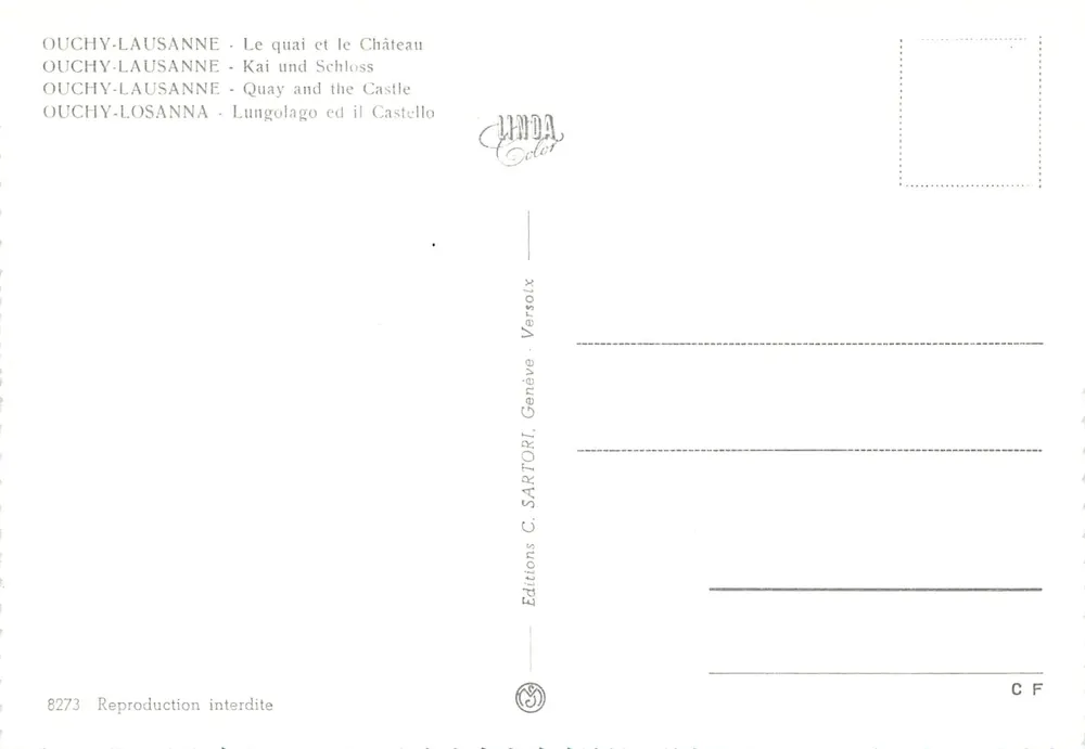 Ouchy-Lausanne — O cais e o castelo — Edições C. Sartori, Genebra, n° 8273 - Verso