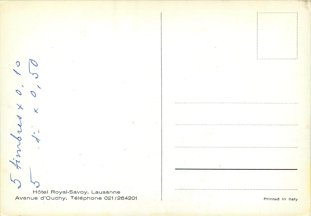 Widok Hotelu Royal-Savoy w Lausannie — góry w tle — wydrukowane w Włoszech - Rewers