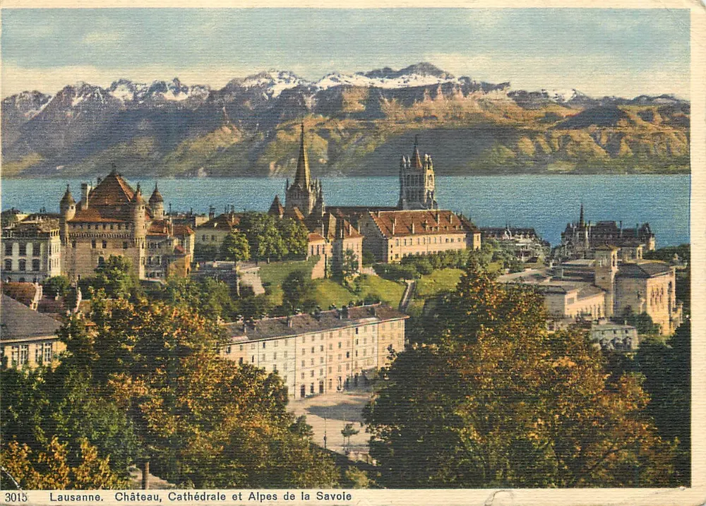 Lausanne. Schloss, Kathedrale und Alpen der Savoyen — Foto. Verlag O. Sartori, Genf, Nr. 3015 - Vorderseite