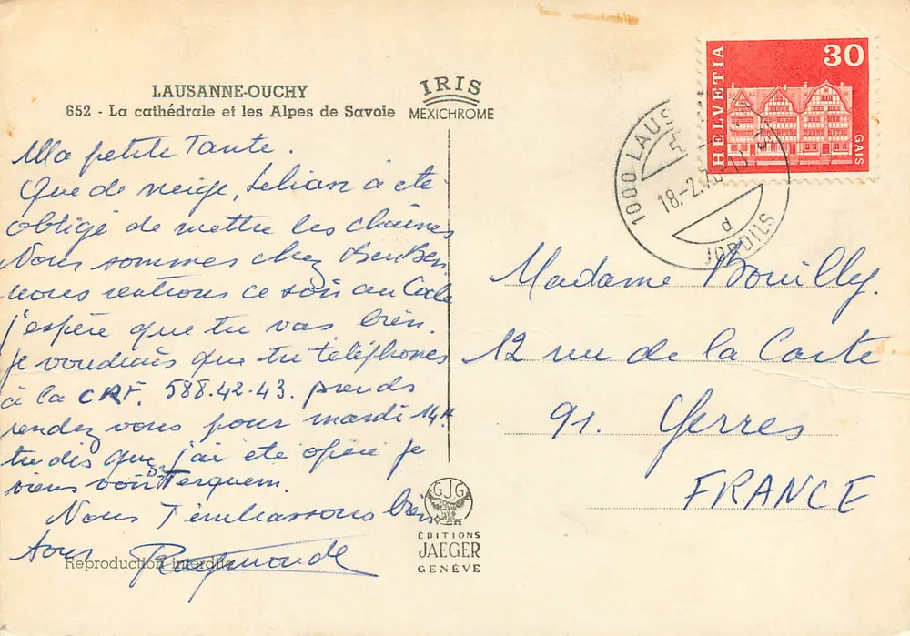 Lausanne-Ouchy — Ansicht der Kathedrale und der Alpen der Savoyen — Éditions Jaeger, n° 652 - Rückseite