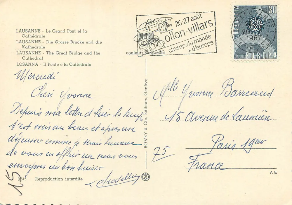 Lausanne - Le Grand Pont et la Cathédrale — BOVEY & Cie, Éditeurs, Genève, n° 8945 - Verso