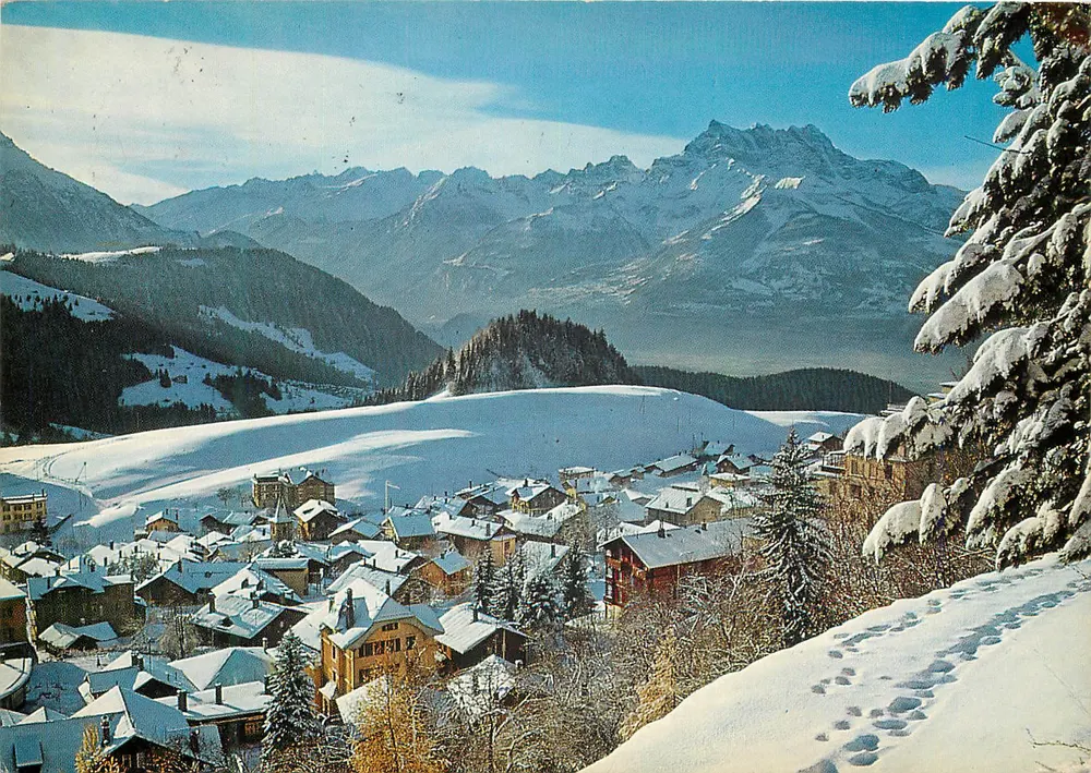 Leysin, as Dentes do Meio-dia — vista panorâmica invernal — Foto e edição W. Trumpler, No.13 - Frente