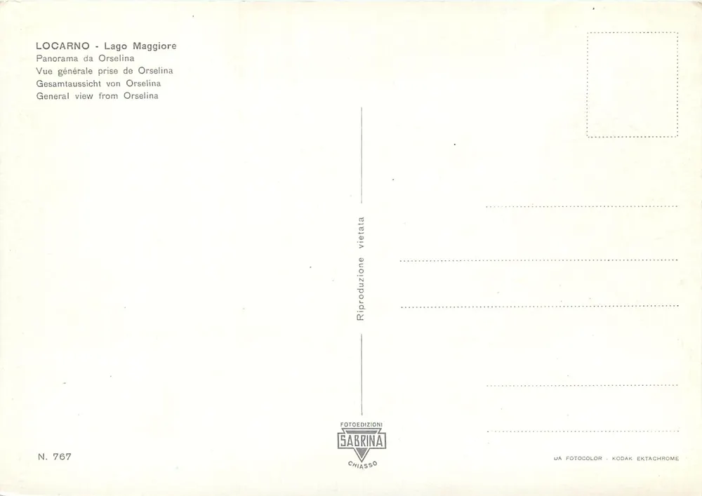 Locarno - Lago Maggiore — Panorama da Orselina — FOTOEDIZIONI SABRINA N. 767 - Verso