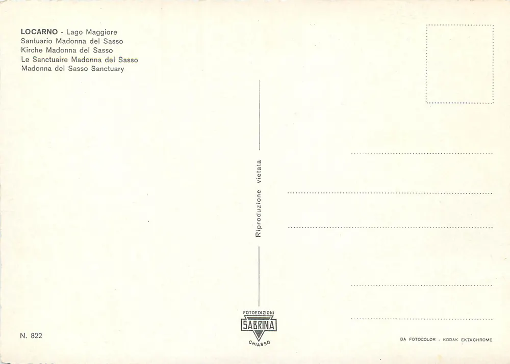 Locarno - Lago Maggiore — Wallfahrtskirche Madonna del Sasso — Verlag Sabrina, Nr. 822 - Rückseite