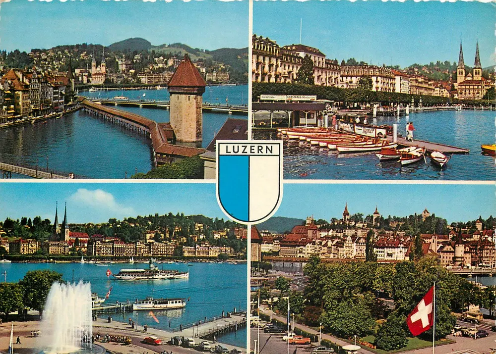Luzern — vue panoramique avec Château de la Chaux, quai des bateaux et fontaine — éditeur 'Luzern' (imprimé sur la carte) - Frente