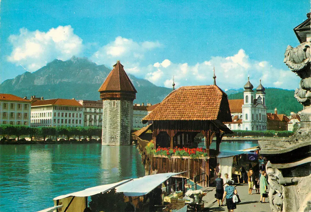 Luzern — Pont da Capela, Igreja dos Jesuítas e Pilatus — editor Krüger, n° 950/18 - Frente