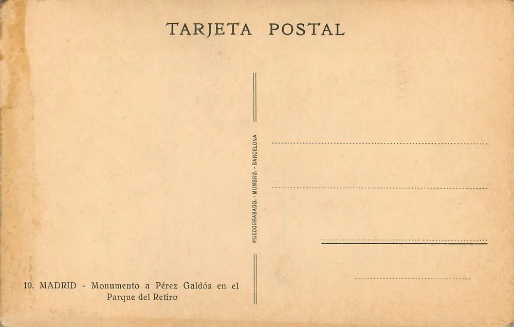 Denkmal für Pérez Galdós — Parque del Retiro — Postkarte Nummer 10 - Rückseite