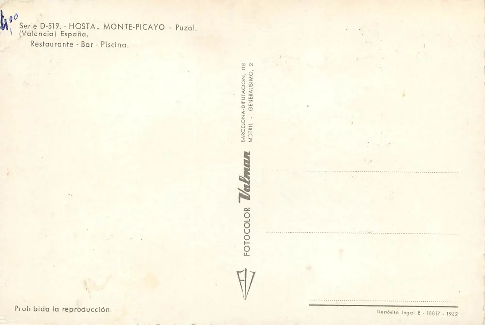 Hostal Monte-Picayo — Puzol, Valence — publisher Valman - Back