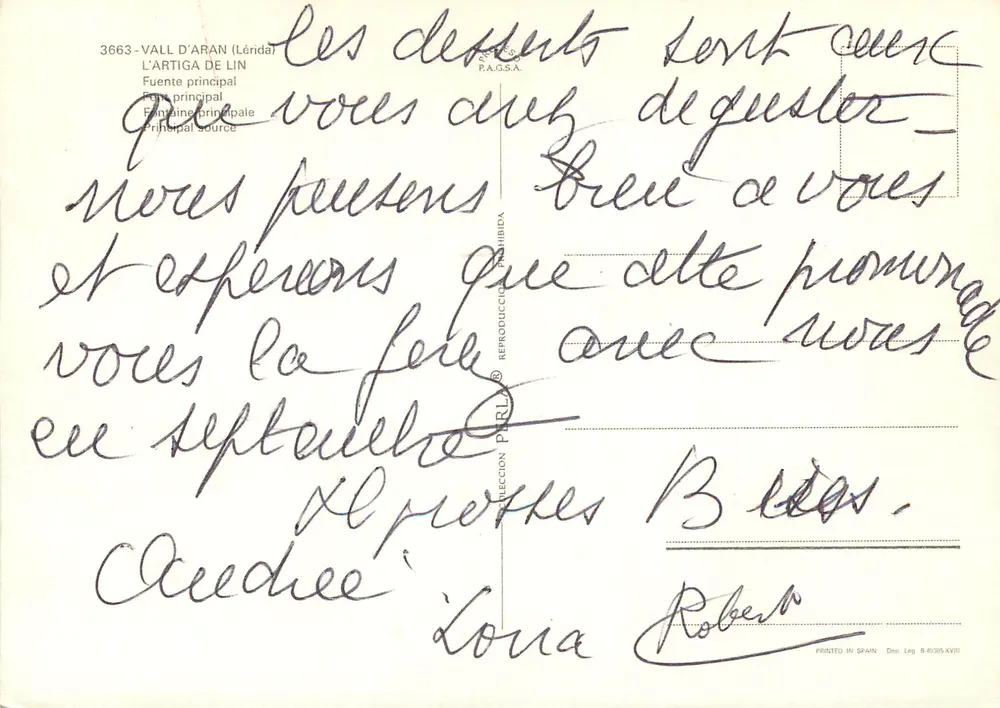 Fontaine de l'Artiga à Vall d'Aran — Pirineu de Lleida — éditeur P.A.G.S.A. n° 3663 - Verso