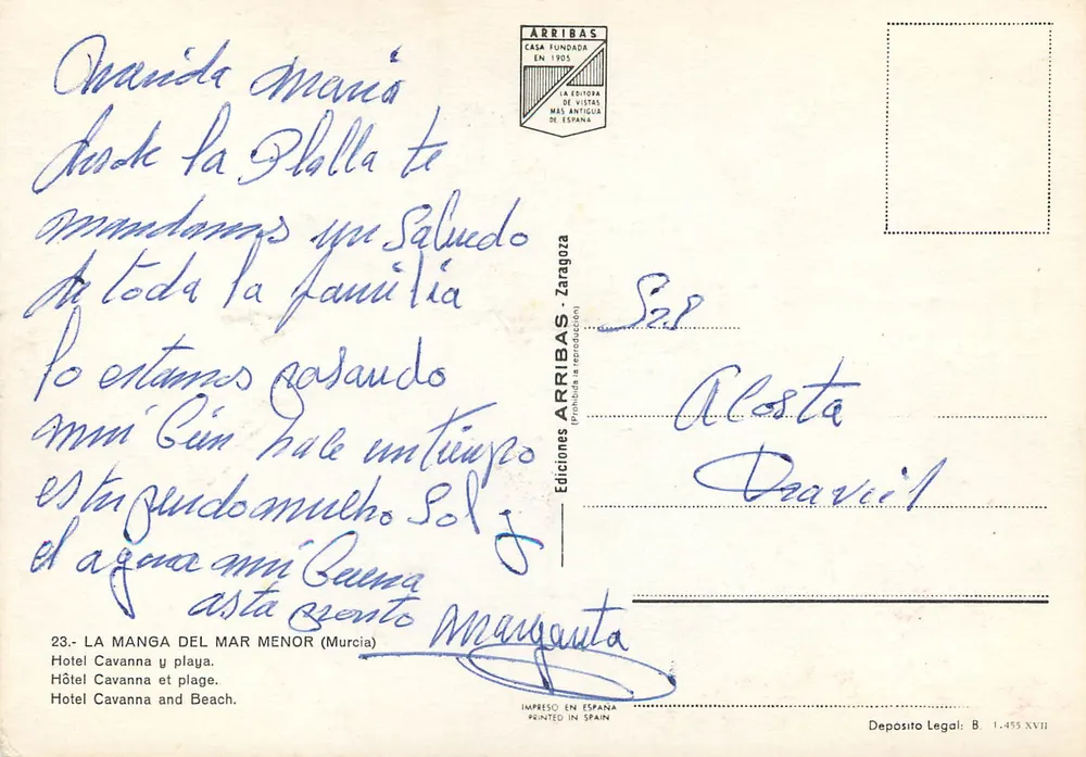 Hotel Cavanna und Strand — La Manga del Mar Menor (Murcia) — Verlag ARRIIBAS - Rückseite