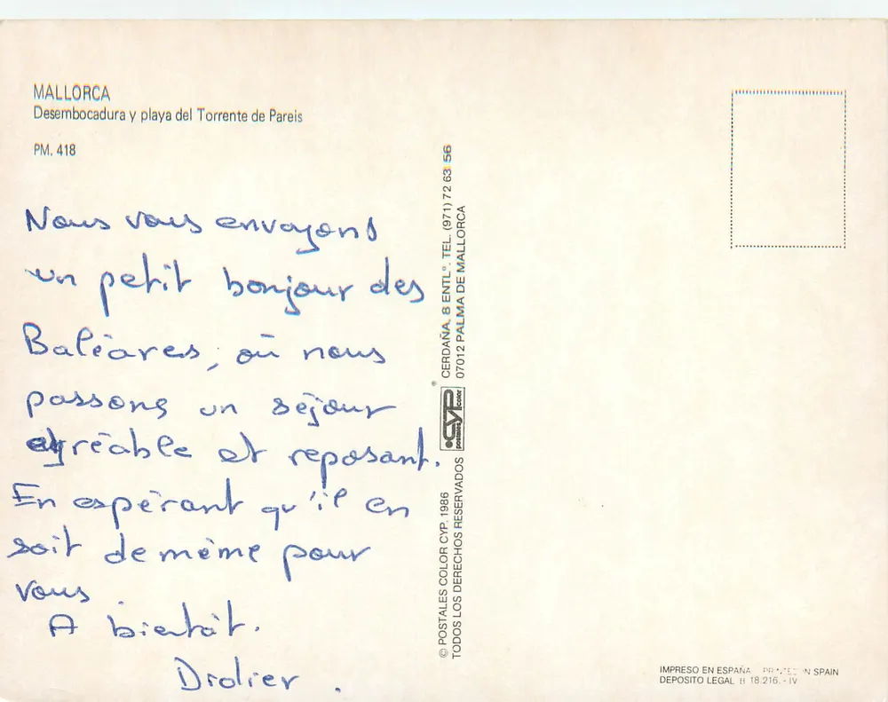 Torrente de Pareis — Strand zwischen Klippen — Verlag Cerdana, Nr. PM. 418 - Rückseite