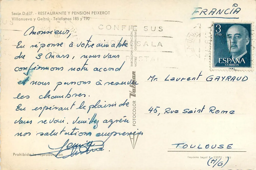 Restaurant und Pension Peixerot — Villanueva y Geltrú — Verlag Vallan - Rückseite
