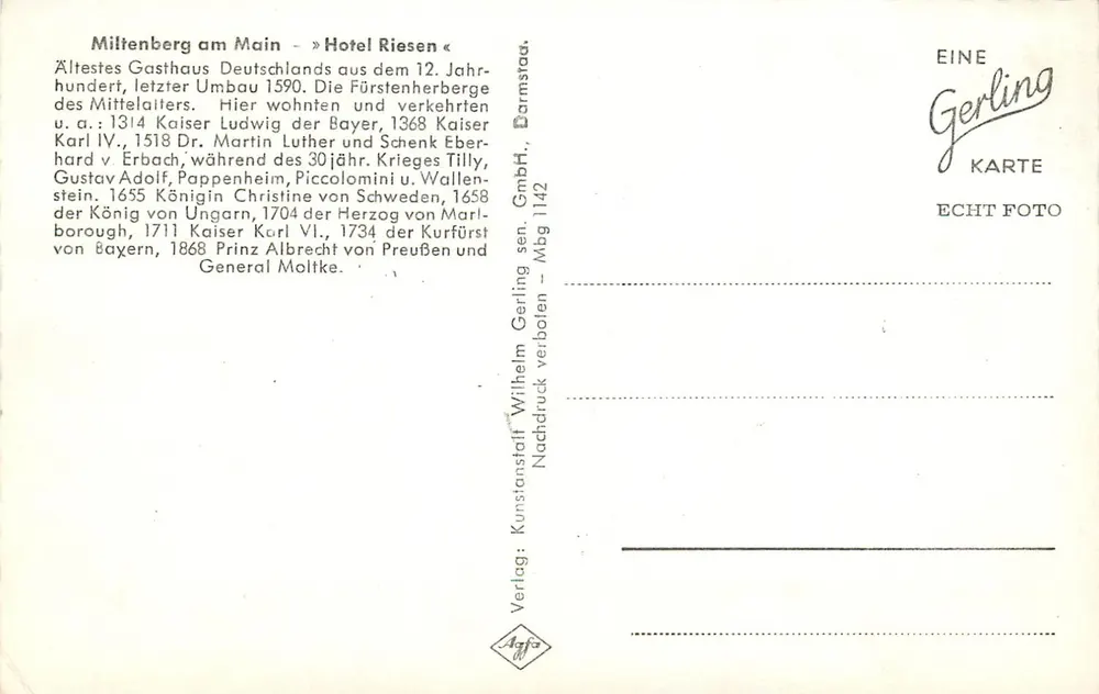Hotel Riesen — Miltenberg am Main — wydawca Gerling, n° 1142 - Rewers