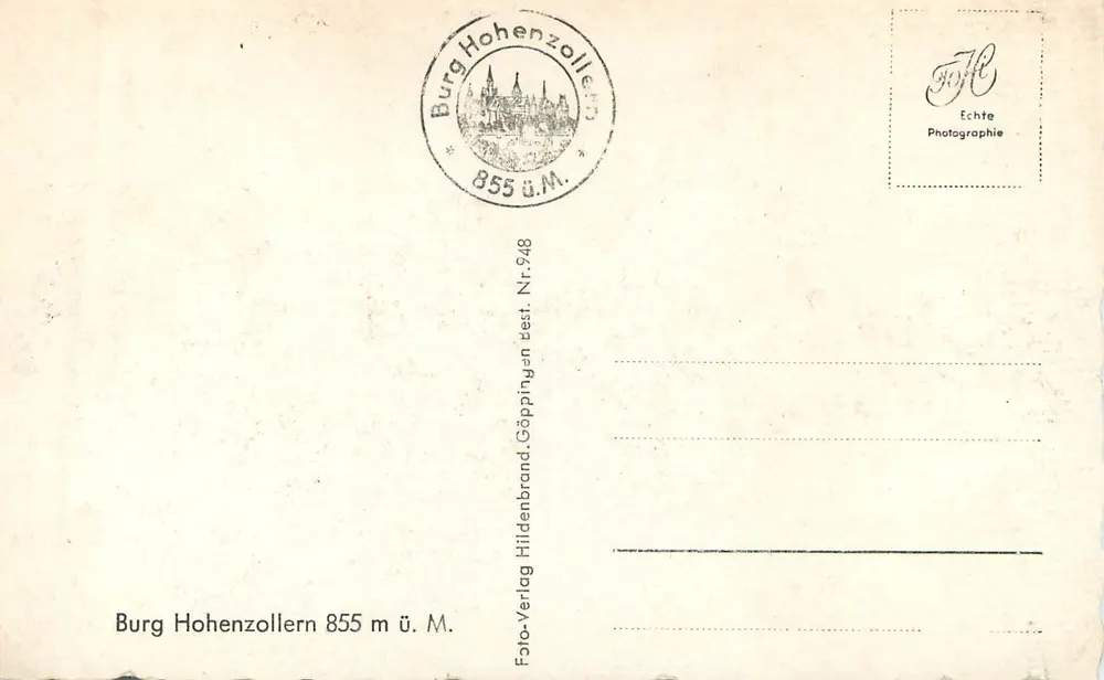Castelo de Hohenzollern — vista panorâmica — Foto-Verlag Hildenbrand, Göppingen - Verso