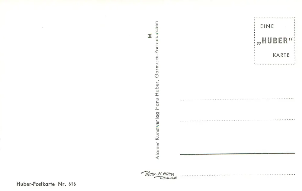 Garmisch-Partenkirchen contra a grupo Zugspitzgruppe (2964 m) — Huber-Postkarte Nr. 616 - Verso