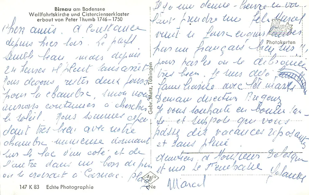 Birnau am Bodensee — Kerk van pellegrinage en cisterciënse abdijen — uitgever Gebr. Metz, Tübingen, n° 147 K 83 - Achterkant
