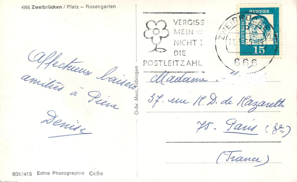 Zweibrücken / Palatinado — Rosengarten — Gebr. Merz Tübingen, n° 801/416 - Reverso