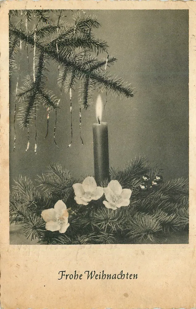 Frohe Weihnachten — galho de abeto, vela e flores — editor desconhecido, número de série não visível - Frente