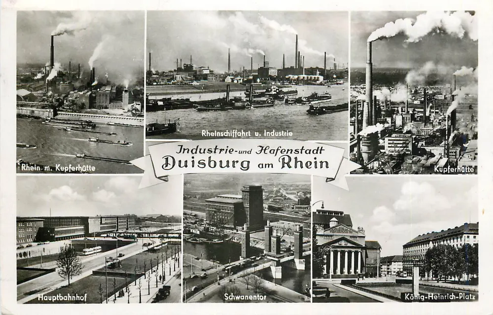 Duisburg am Rhein — Industriestadt und Hafenstadt — Kupferhütte, Rheinschiffahrt, Hauptbahnhof, Schwanentor, König-Heinrich-Platz - Vorderseite