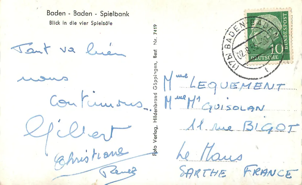 Baden-Baden - Spielbank — Blick in die vier Spielsäle — Foto Verlag, Hildenbrand Gppingen, Best. Nr. 7419 - Rückseite