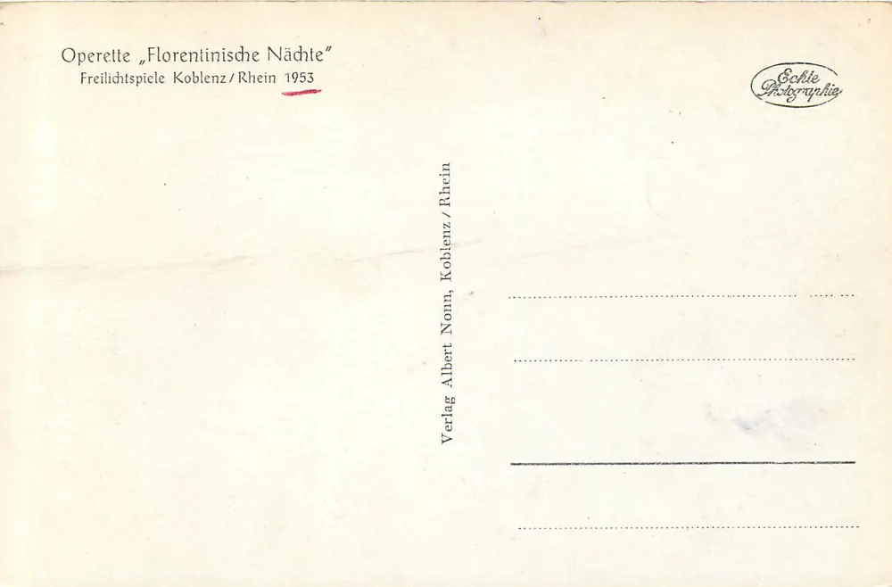 Opérette "Florentinische Nächte" — Freilichtspiele Koblenz/Rhein 1953 — Verlag Albert Norm, Koblenz/Rhein - Rewers