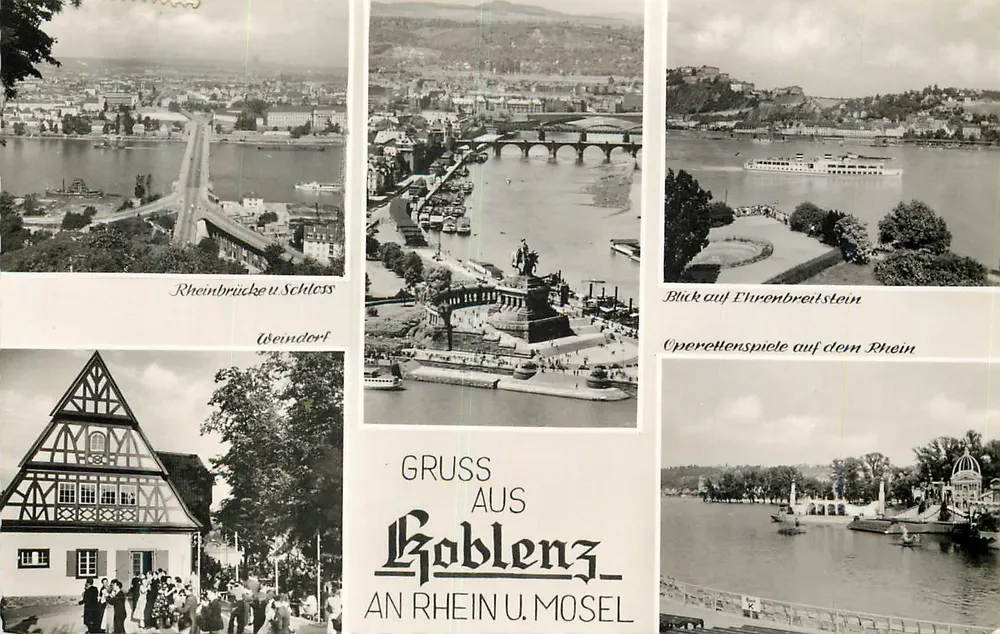 Goblenz — Visão da cidade, ponte, castelo, Ehrenbreitstein e barcos — editor Cramers Kunstanstalt KG - Frente