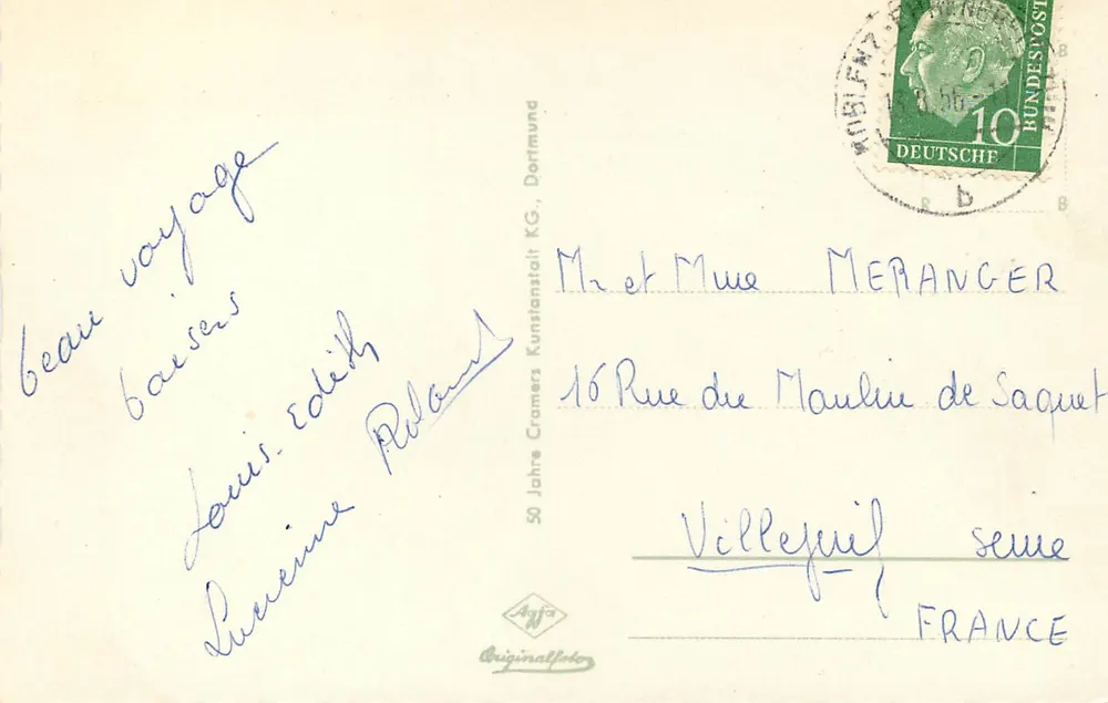 Goblenz — Visão da cidade, ponte, castelo, Ehrenbreitstein e barcos — editor Cramers Kunstanstalt KG - Verso