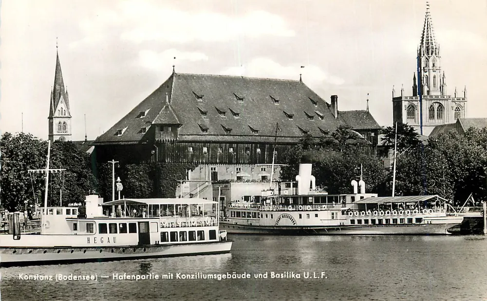 Konstanz (Bodensee) — Hafenpartie mit Konziliumsgebäude und Basilika U.L.F. - Vorderseite