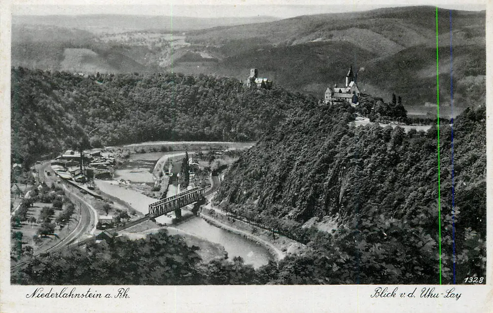 Niederlahnstein a. Rh. — Vista desde Uhulay — editor M. Bäniach, Kollnach - Frente