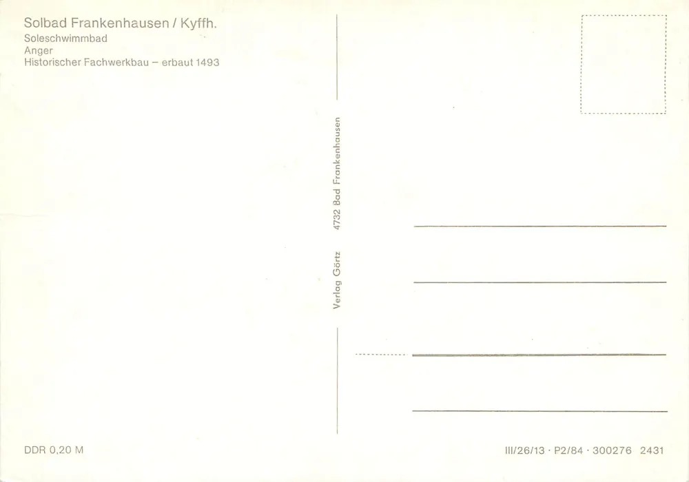 Solbad Frankenhausen / Kyffhäuser — Soleschwimmbad, Anger, Edificio histórico de madera construido en 1493 — Verlag Gertz - Reverso