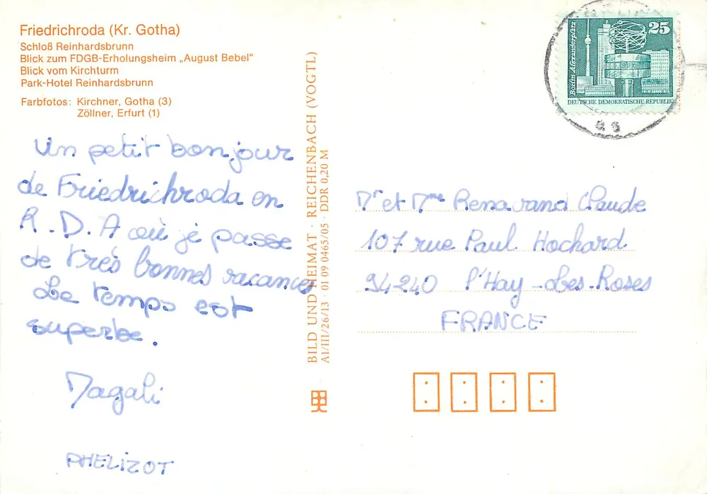 Friedrichroda — vista do castelo, do parque e do Park-Hotel — editor Bild und Heimat, Gotha - Verso