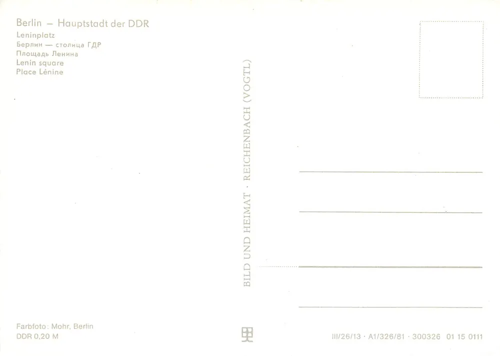 Berlim — Capital da RDA — Platz der Republik — editor Vogtl (Reichenbach) — n° III/26/13 - Verso