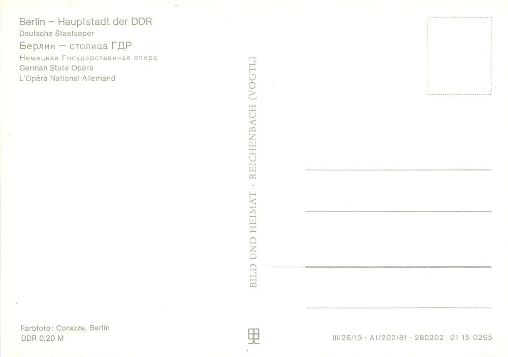 Berlin — Hauptstadt der DDR — Deutsche Staatsoper — Verlag Vogtl (Reichenbach) - Rückseite