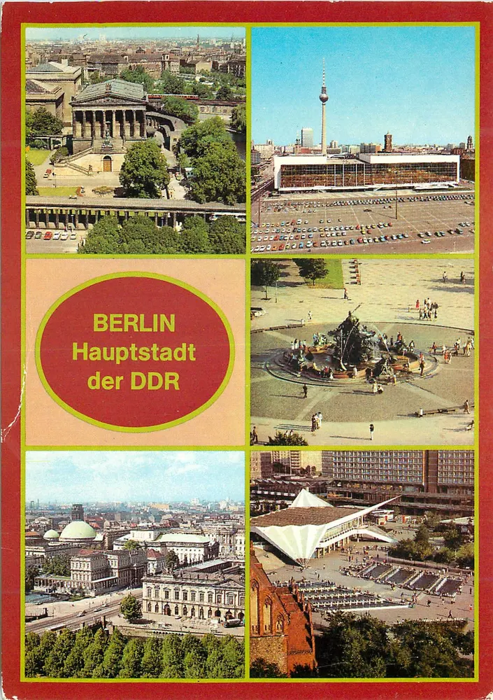 Berlijn — hoofdstad van de DDR — Nationale Galerie, Paleis van de Republiek, Neptunifontein, Uitzicht op de Straat Unter den Linden, Fonteinen bij de televisietoren - Voorkant