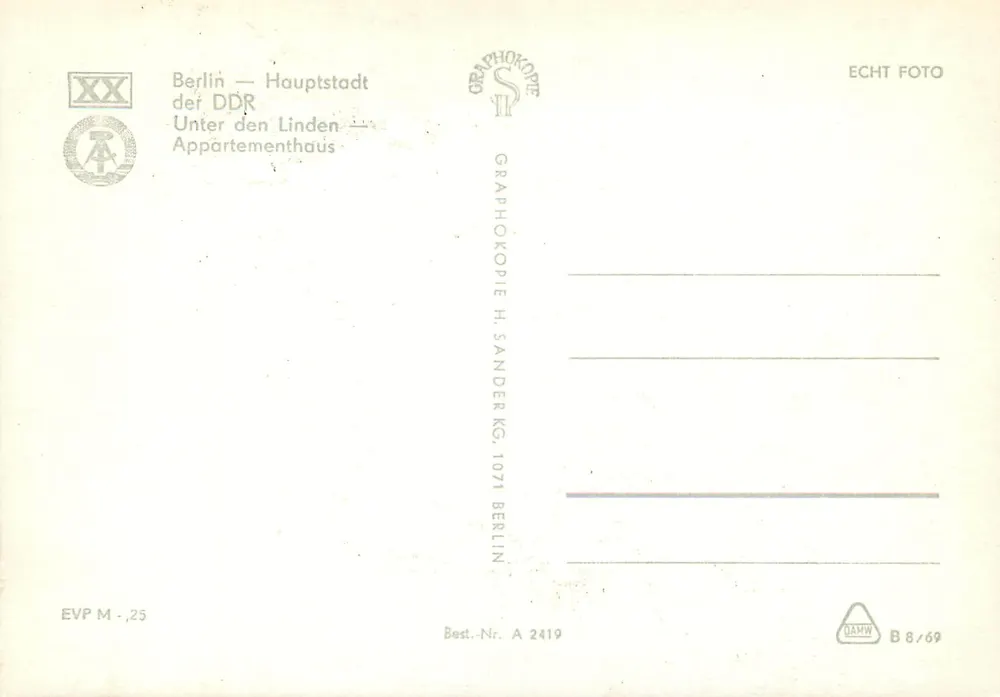 Berlin — Hauptstadt der DDR — Unter den Linden — Appartementhaus — Graphokopie H. Sander KG - Rückseite
